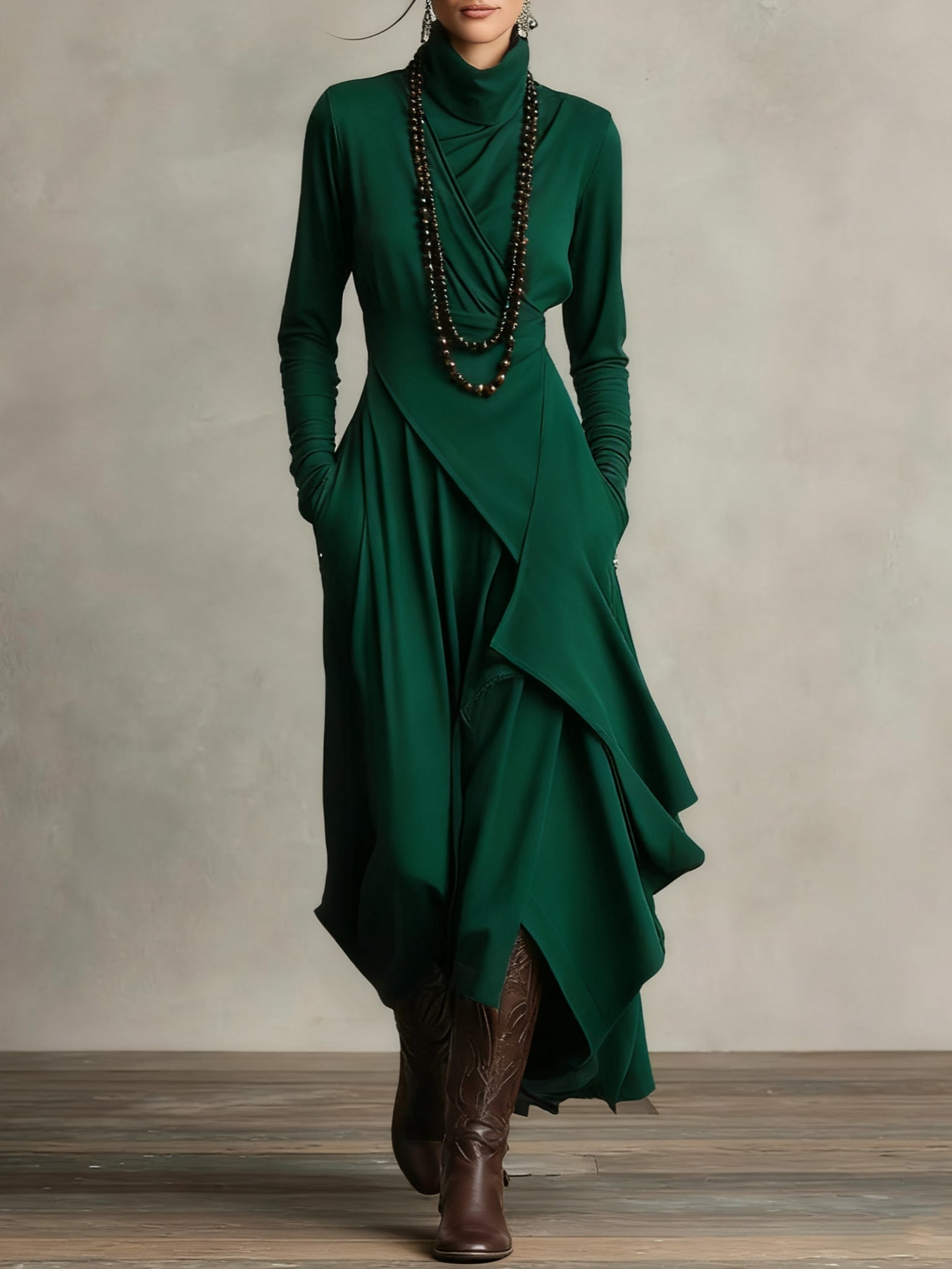Asymmetrical Pleated Maxi Dress with High Collar