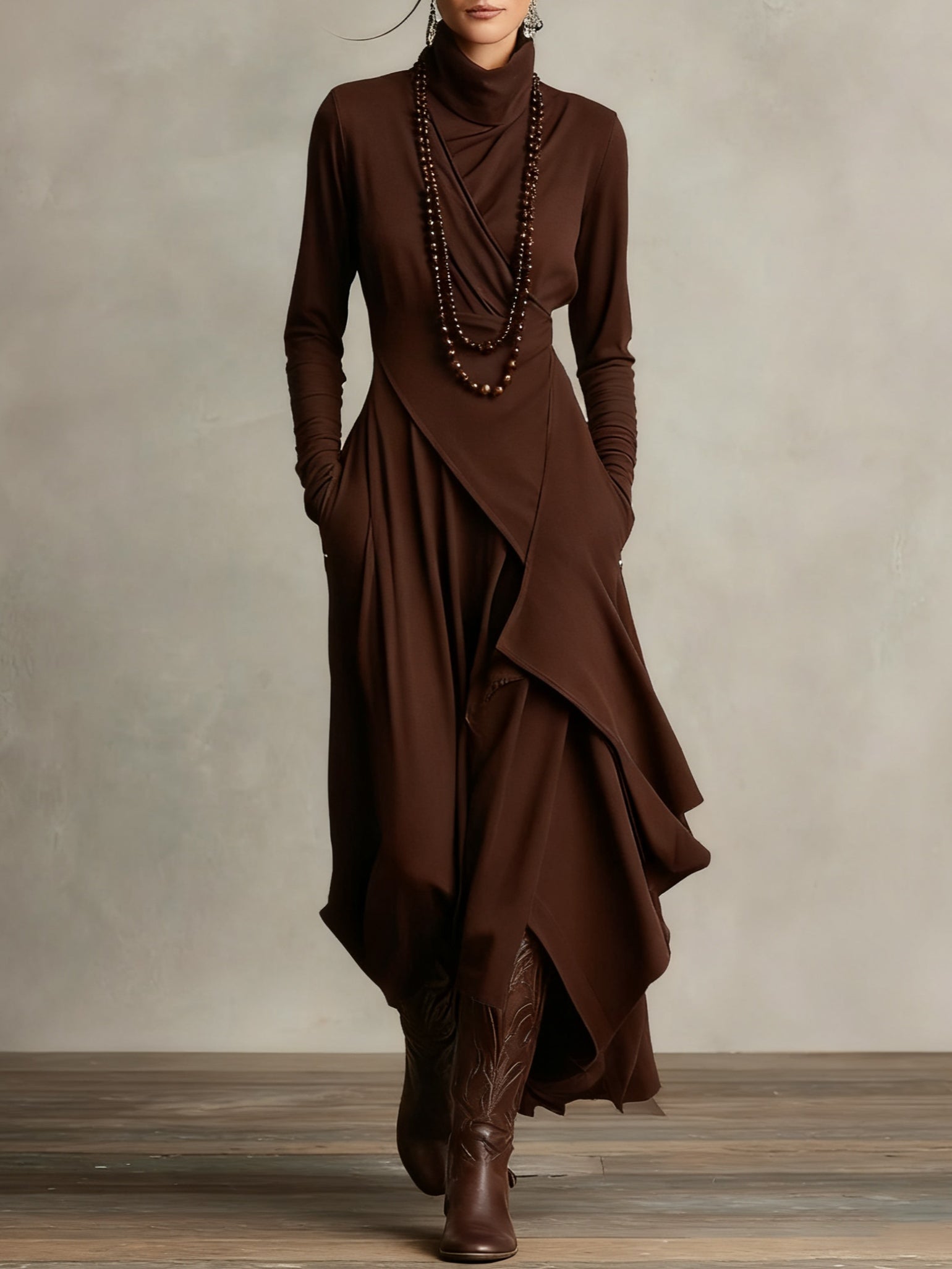 Asymmetrical Pleated Maxi Dress with High Collar