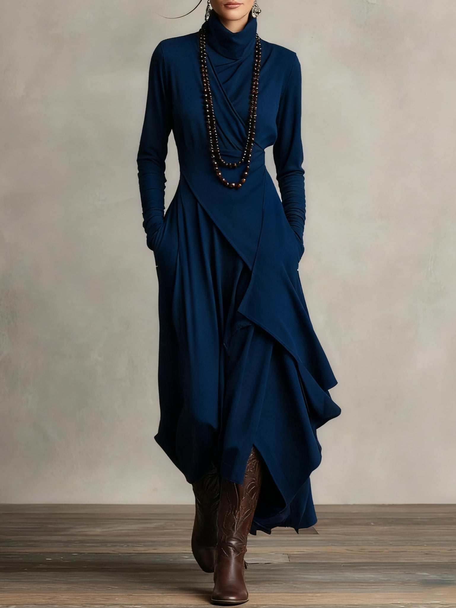Asymmetrical Pleated Maxi Dress with High Collar
