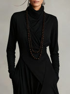 Asymmetrical Pleated Maxi Dress with High Collar