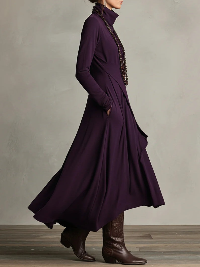 Asymmetrical Pleated Maxi Dress with High Collar