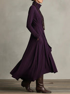 Asymmetrical Pleated Maxi Dress with High Collar