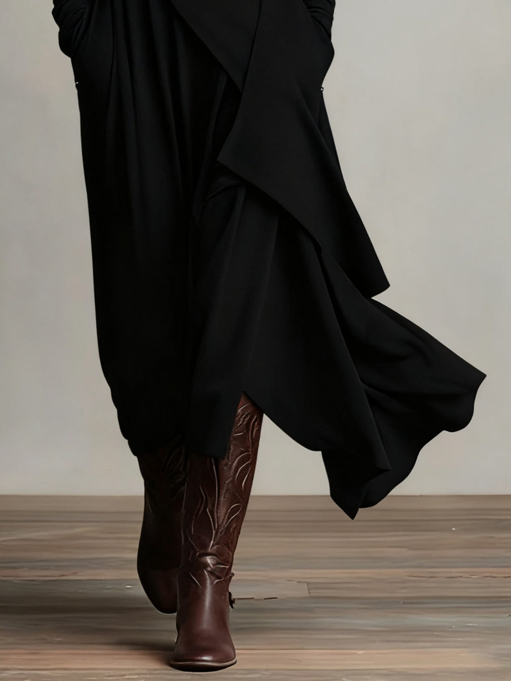 Asymmetrical Pleated Maxi Dress with High Collar