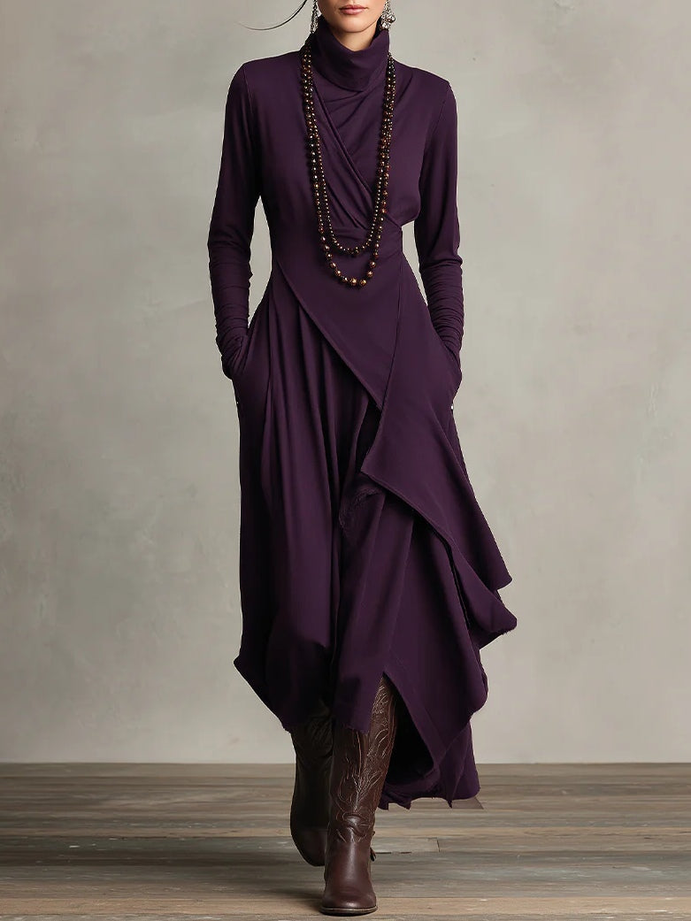 Asymmetrical Pleated Maxi Dress with High Collar Asyrose Asymmetrical Pleated Maxi Dress with High Collar Asyrose
