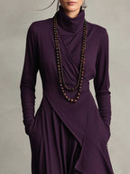 Asymmetrical Pleated Maxi Dress with High Collar