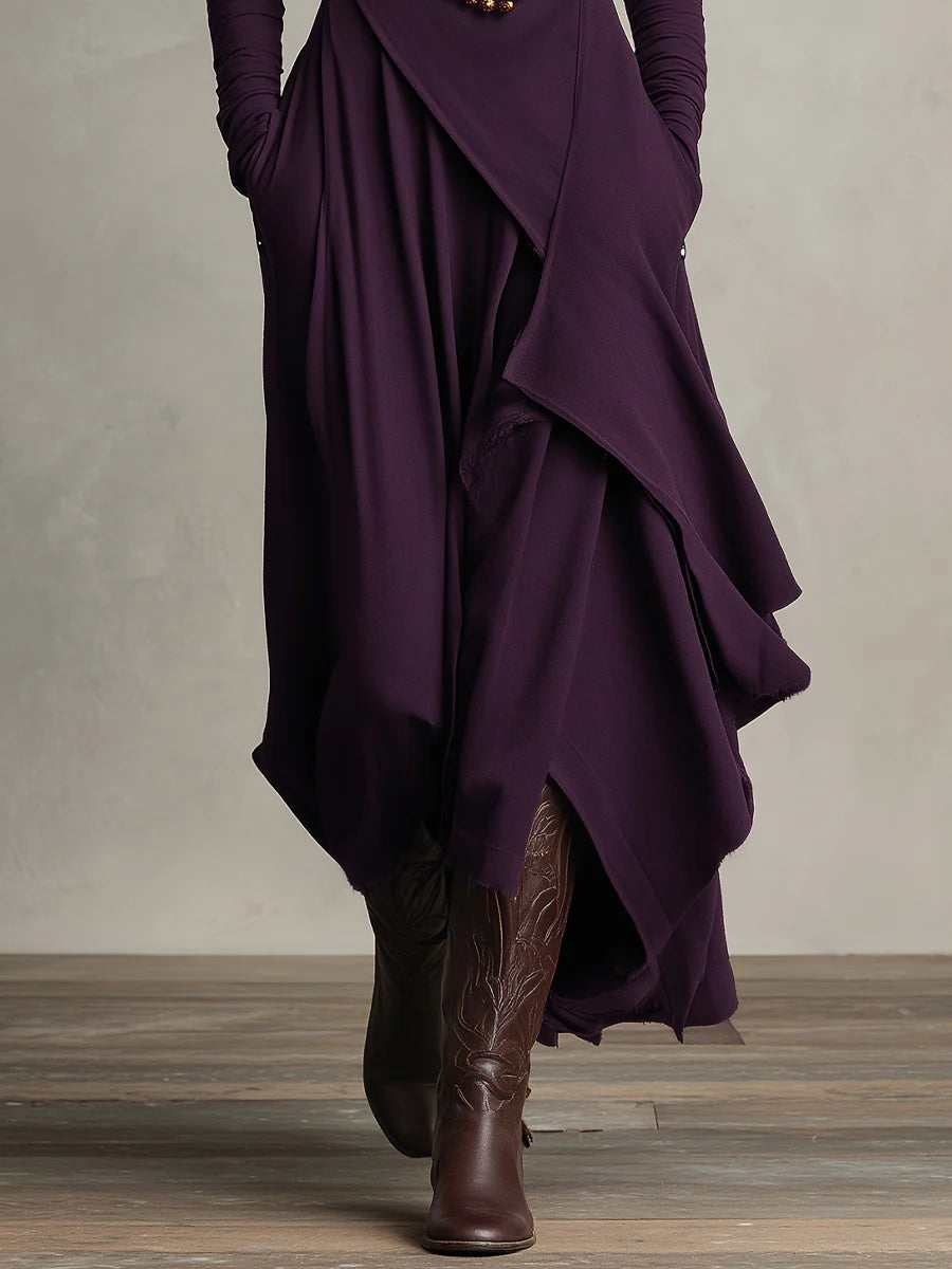 Asymmetrical Pleated Maxi Dress with High Collar