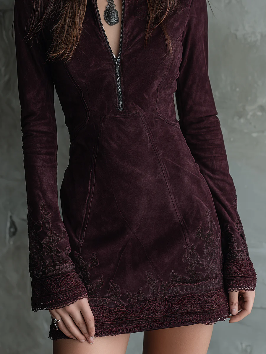Dark Purple Vintage Faux Suede Embroidered Lace Mini Dress