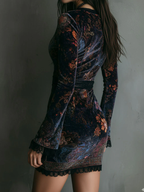 Floral Print V-neck Velvet Lace Trim Slim-fit Mini Dress