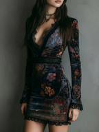 Floral Print V-neck Velvet Lace Trim Slim-fit Mini Dress