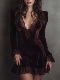 Burgundy Velvet Lace-trimmed V-neck Mini Dress