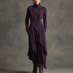 Asymmetrical Pleated Maxi Dress with High Collar